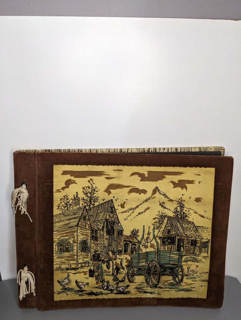 Vintage Velvet Photo Album Farm Scene Mid Century Scrapbook Keepsake Book